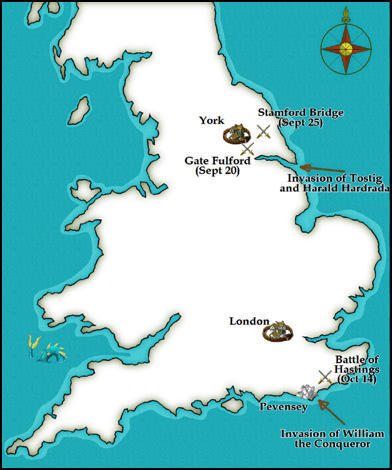 Map showing Battle of Stamford Bridge and Battle of Hastings